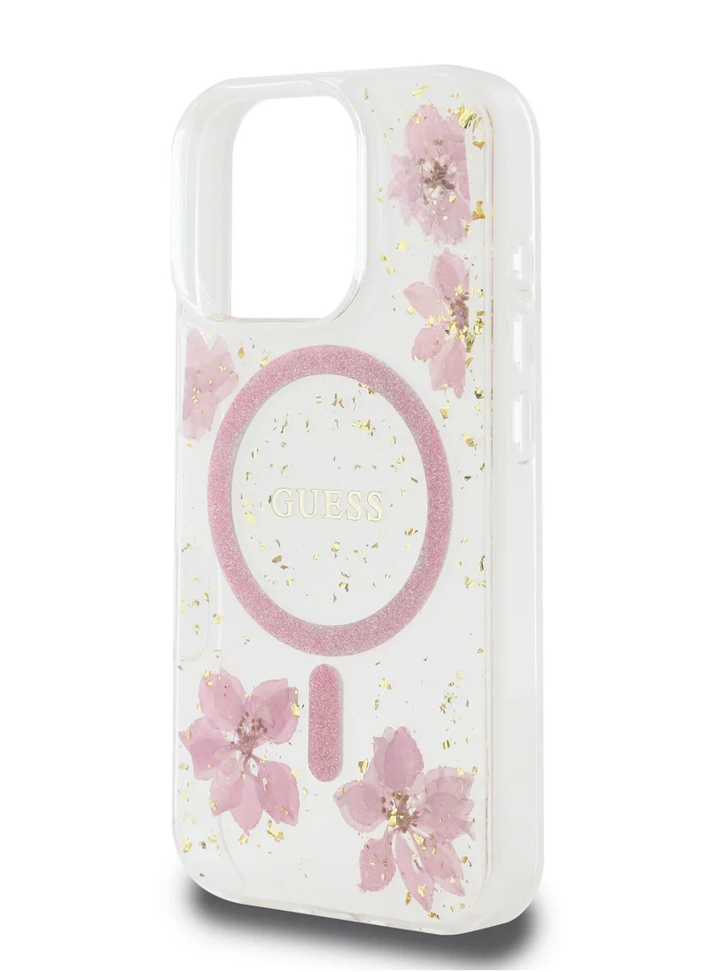 GUESS Magsafe Hard Case with Resin Flowers Design For iPhone 16 Pro / Drop protection / Comfortable Grip- Pink