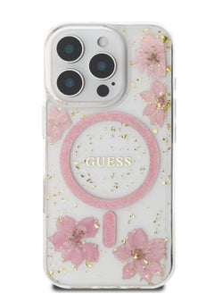 GUESS Magsafe Hard Case with Resin Flowers Design For iPhone 16 Pro / Drop protection / Comfortable Grip- Pink  - Image 1