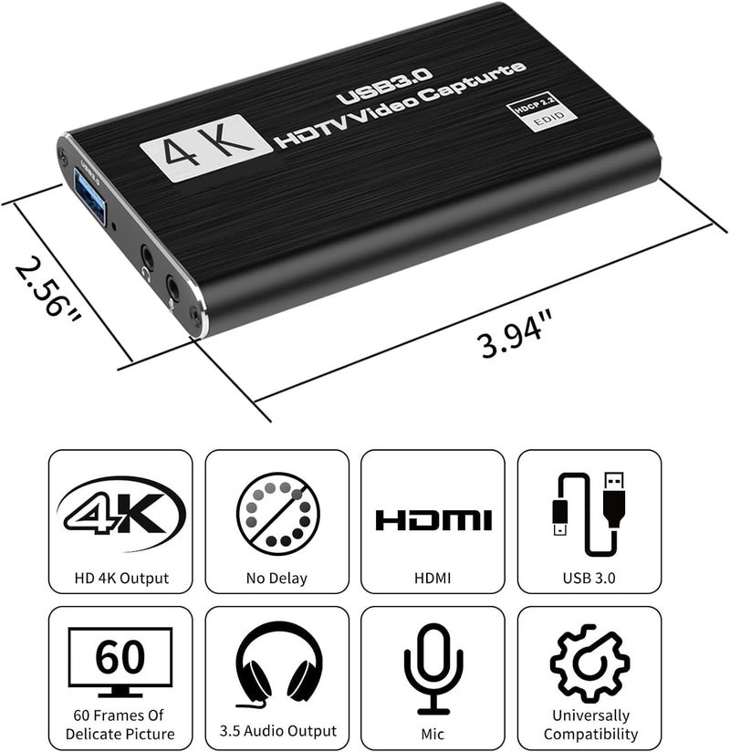 بطاقة التقاط ألعاب HDMI بدقة 4K مع ميكروفون، USB 3.0 مع إخراج حلقة HDMI بدقة 1080P بمعدل 60 إطارًا في الثانية، أسود - Image 2