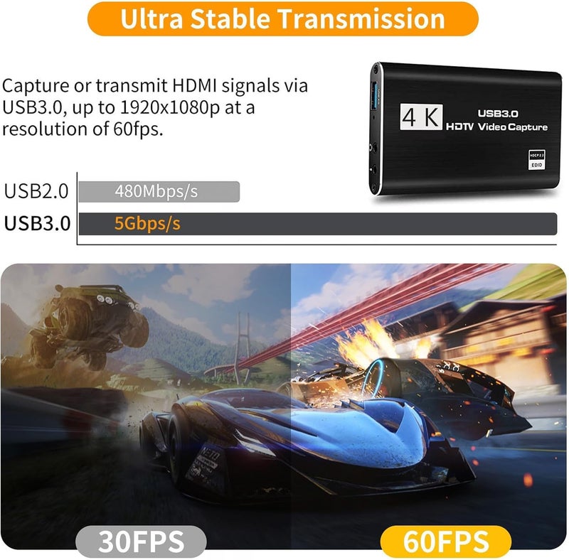 بطاقة التقاط ألعاب HDMI بدقة 4K مع ميكروفون، USB 3.0 مع إخراج حلقة HDMI بدقة 1080P بمعدل 60 إطارًا في الثانية، أسود - Image 4