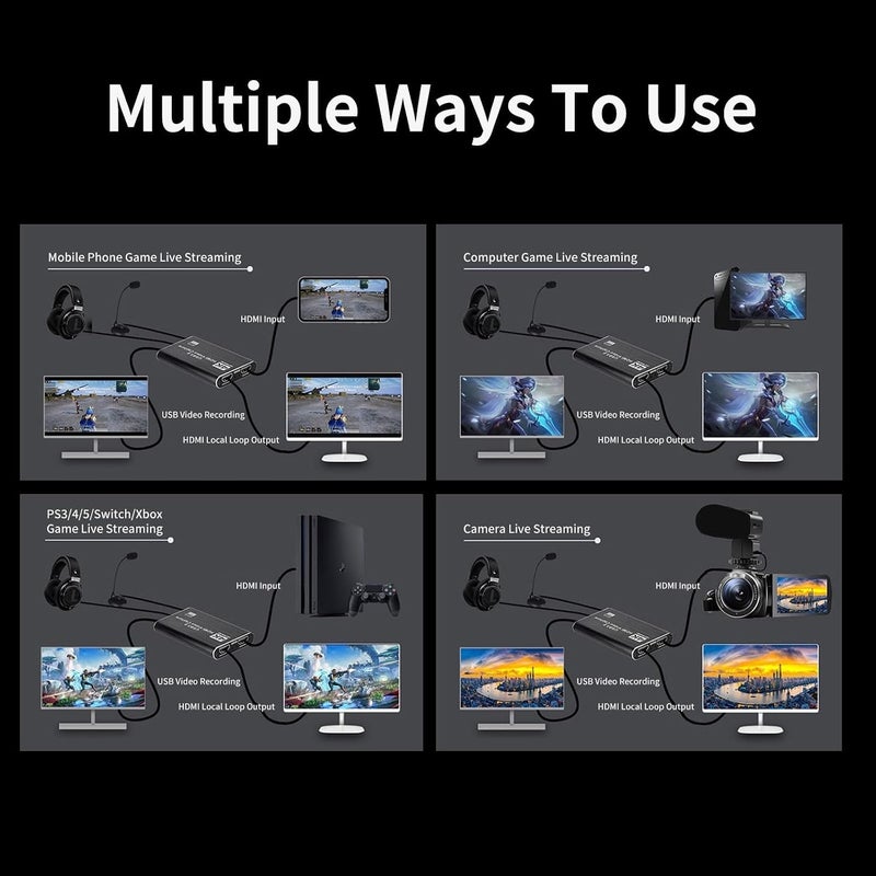بطاقة التقاط ألعاب HDMI بدقة 4K مع ميكروفون، USB 3.0 مع إخراج حلقة HDMI بدقة 1080P بمعدل 60 إطارًا في الثانية، أسود - Image 3