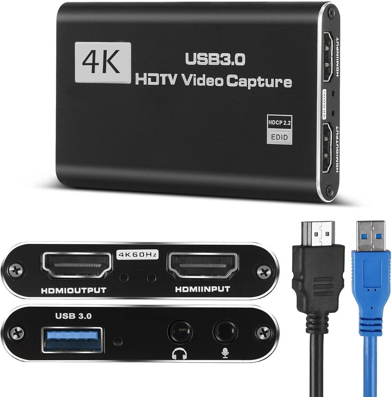 بطاقة التقاط ألعاب HDMI بدقة 4K مع ميكروفون، USB 3.0 مع إخراج حلقة HDMI بدقة 1080P بمعدل 60 إطارًا في الثانية، أسود - Image 1