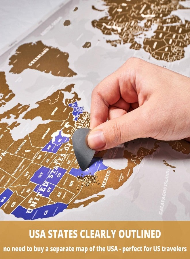 Divalis خريطة العالم قابلة للخدش بحجم كبير جدًا - خريطة العالم قابلة للخدش ومغلفة - خريطة سفر ذهبية وبيضاء للعالم - أفضل هدية ذهبية كبيرة الحجم، ملصق قابل للخدش للعالم باللون الرمادي - جميع الملحقات متضمنة - Image 2