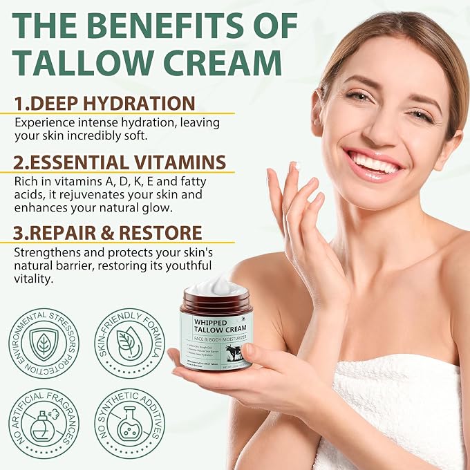 YOOJ Whipped Tallow Cream for Face & Body, 100% Grass-Fed Beef Tallow Moisturizer with Honey & Beeswax, All-Natural Skin Balm for Dry Skin, Unscented Whole Body Care Balm for Sensitive Skin, 4.2oz - Image 2
