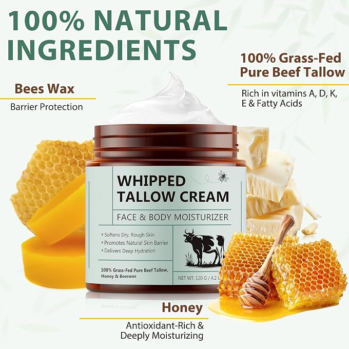 YOOJ Whipped Tallow Cream for Face & Body, 100% Grass-Fed Beef Tallow Moisturizer with Honey & Beeswax, All-Natural Skin Balm for Dry Skin, Unscented Whole Body Care Balm for Sensitive Skin, 4.2oz - Image 3