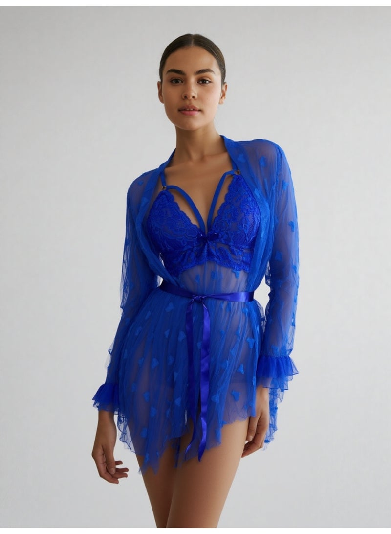 MANIKAN Women's Clothes 3-Piece Set with Robe Lace Heart Pattern Sheer Mesh and Long Sleeve Cover-up - Image 1