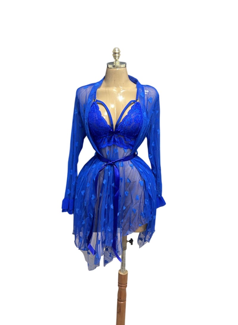MANIKAN Women's Clothes 3-Piece Set with Robe Lace Heart Pattern Sheer Mesh and Long Sleeve Cover-up - Image 3