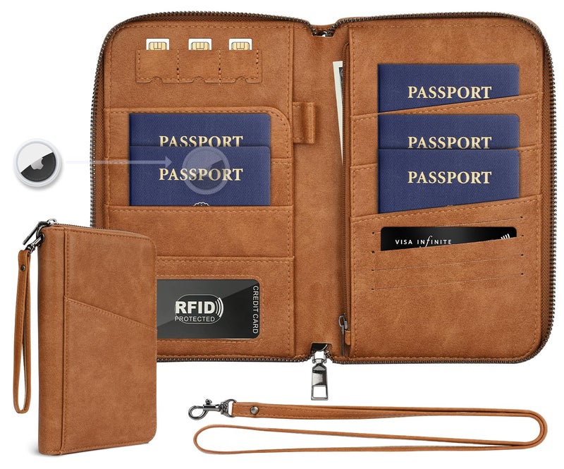 Kicoroiny Family Passport Holder Wallet RFID Travel Document Organizer for Women Men, Portable Case Cover for Cards, Boarding Pass with Wrist/Neck Strap, Airtag Pocket, Travel Essentials Gifts -Light Brown, 1pc - Image 1