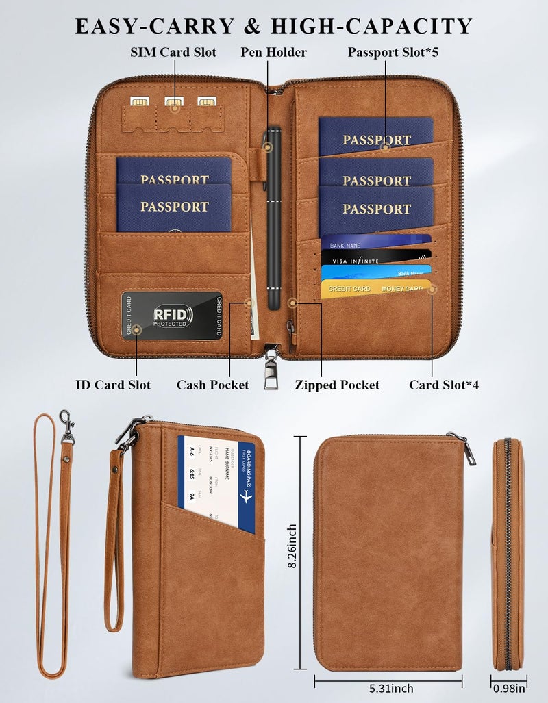 Kicoroiny Family Passport Holder Wallet RFID Travel Document Organizer for Women Men, Portable Case Cover for Cards, Boarding Pass with Wrist/Neck Strap, Airtag Pocket, Travel Essentials Gifts -Light Brown, 1pc - Image 3