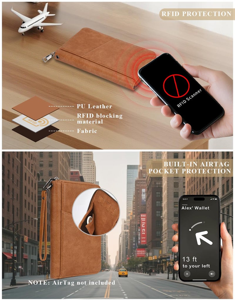 Kicoroiny Family Passport Holder Wallet RFID Travel Document Organizer for Women Men, Portable Case Cover for Cards, Boarding Pass with Wrist/Neck Strap, Airtag Pocket, Travel Essentials Gifts -Light Brown, 1pc - Image 4
