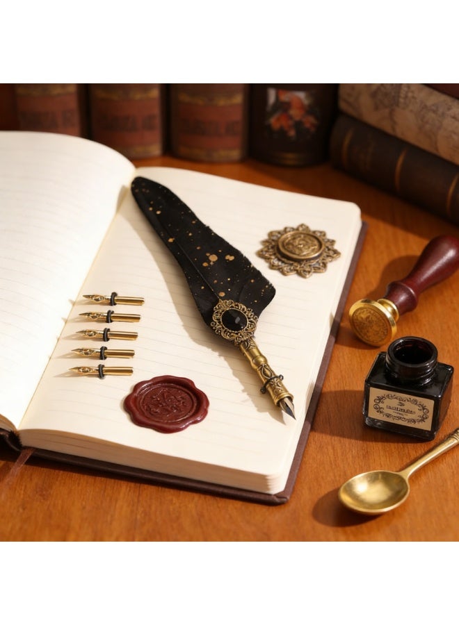 Halamodo 10Pcs Vintage Calligraphy Set with Pen Nibs, Quill Feather Pen and Ink Set, Calligraphy Kit with Dip Pen Nibs and Wax Seal Stamp Kit, Ornate Holders, Black Starry Sky Gem Feather Pen Set, Gift Box, Teacher'S Day Gift - Image 3