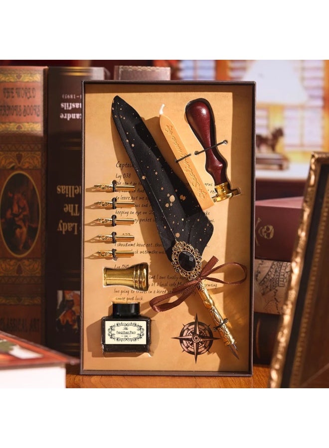 Halamodo 10Pcs Vintage Calligraphy Set with Pen Nibs, Quill Feather Pen and Ink Set, Calligraphy Kit with Dip Pen Nibs and Wax Seal Stamp Kit, Ornate Holders, Black Starry Sky Gem Feather Pen Set, Gift Box, Teacher'S Day Gift - Image 1