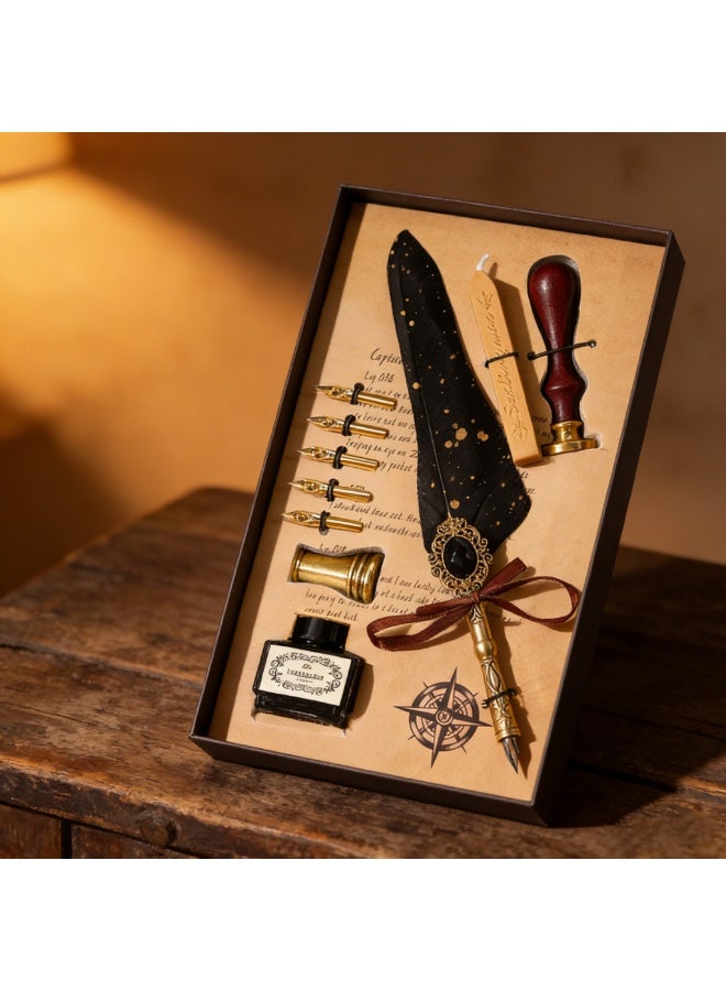 Halamodo 10Pcs Vintage Calligraphy Set with Pen Nibs, Quill Feather Pen and Ink Set, Calligraphy Kit with Dip Pen Nibs and Wax Seal Stamp Kit, Ornate Holders, Black Starry Sky Gem Feather Pen Set, Gift Box, Teacher'S Day Gift - Image 4