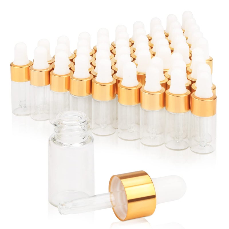 Pinklife 50 Packs Essential Oil Glass Dropper Bottles 3ml Clear Vials for Perfume Cosmetic Samples Free 3ml Dropper Included