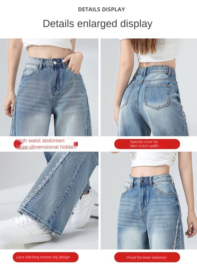هابي نوستالجيك بلو بنطال جينز واسع الساق للنساء صيف جديد تصميم دانتيل دانتيل إحساس فضفاض نحيف مستقيم - Image 2