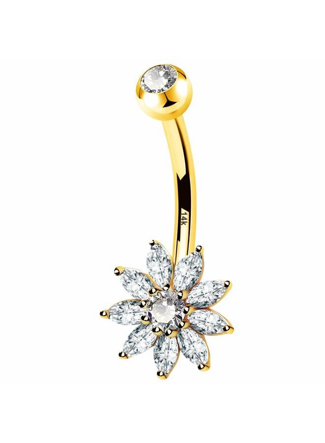COCHARM 14K Solid Gold Floer Belly Button Rings for Women Gold 14K Real Gold Petal Navel Rings Yellow Gold Belly Piercing Jewelry, Metal, cubic-zirconia - Image 1