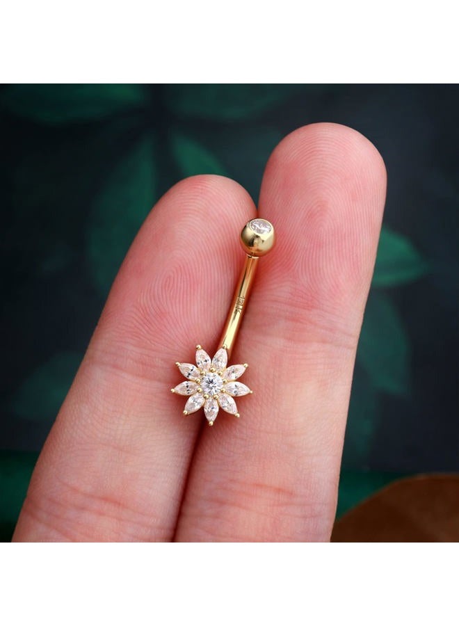 COCHARM 14K Solid Gold Floer Belly Button Rings for Women Gold 14K Real Gold Petal Navel Rings Yellow Gold Belly Piercing Jewelry, Metal, cubic-zirconia - Image 2