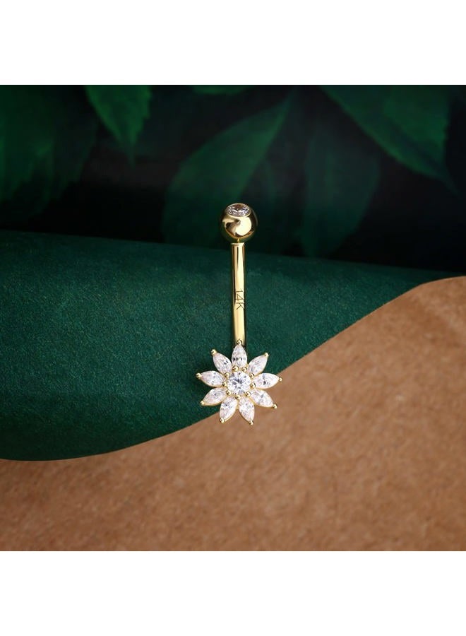 COCHARM 14K Solid Gold Floer Belly Button Rings for Women Gold 14K Real Gold Petal Navel Rings Yellow Gold Belly Piercing Jewelry, Metal, cubic-zirconia - Image 3