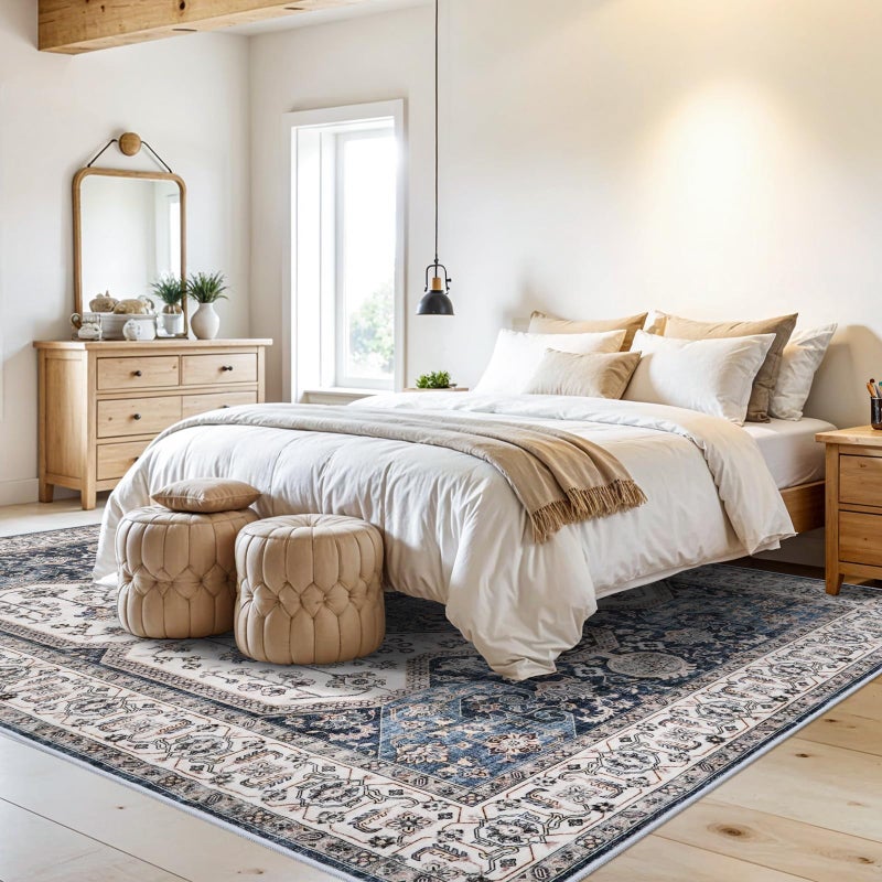 RUUGME Washable 8X10 Area Rug - Soft Area Rugs for Living Room Stain Resistant Carpet Vintage Lightweight Rugs for Bedroom with Non Slip Backing Indoor Ultra-Thin Rugs 8X10 Navy - Image 2