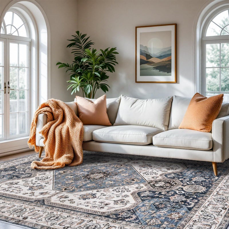 RUUGME Washable 8X10 Area Rug - Soft Area Rugs for Living Room Stain Resistant Carpet Vintage Lightweight Rugs for Bedroom with Non Slip Backing Indoor Ultra-Thin Rugs 8X10 Navy - Image 3