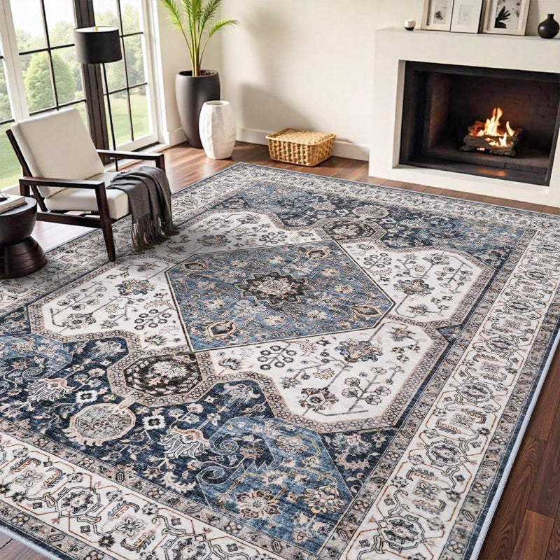 RUUGME Washable 8X10 Area Rug - Soft Area Rugs for Living Room Stain Resistant Carpet Vintage Lightweight Rugs for Bedroom with Non Slip Backing Indoor Ultra-Thin Rugs 8X10 Navy - Image 1