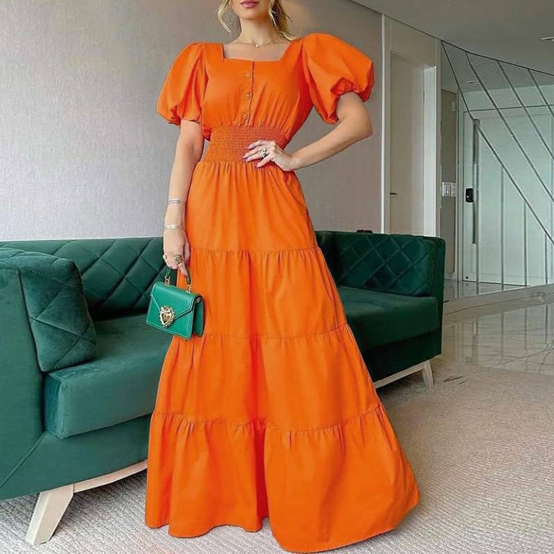 2024 Summer Ladies Square Neck Puff Sleeve Maxi Dress White