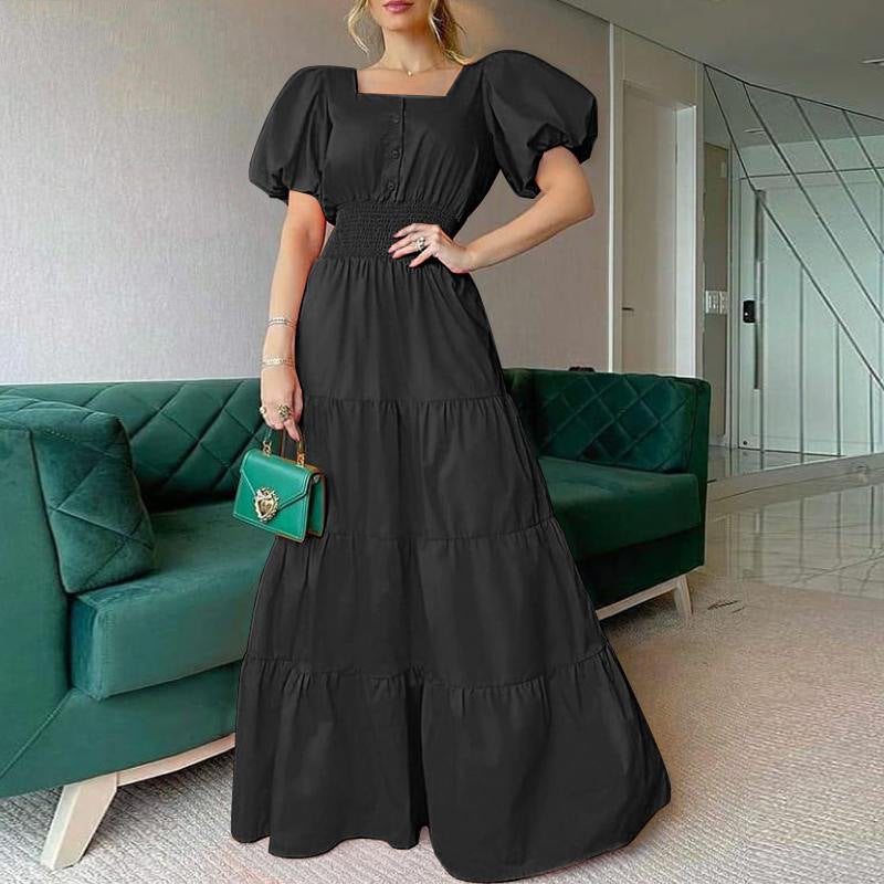 2024 Summer Ladies Square Neck Puff Sleeve Maxi Dress White
