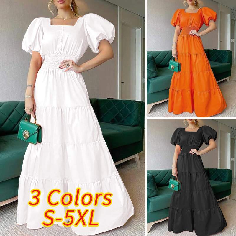 2024 Summer Ladies Square Neck Puff Sleeve Maxi Dress White