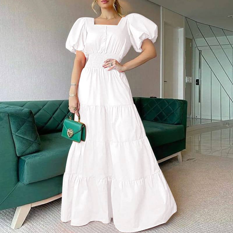 2024 Summer Ladies Square Neck Puff Sleeve Maxi Dress White