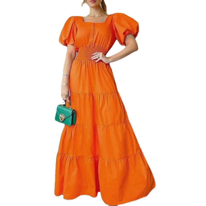 2024 Summer Ladies Square Neck Puff Sleeve Maxi Dress White
