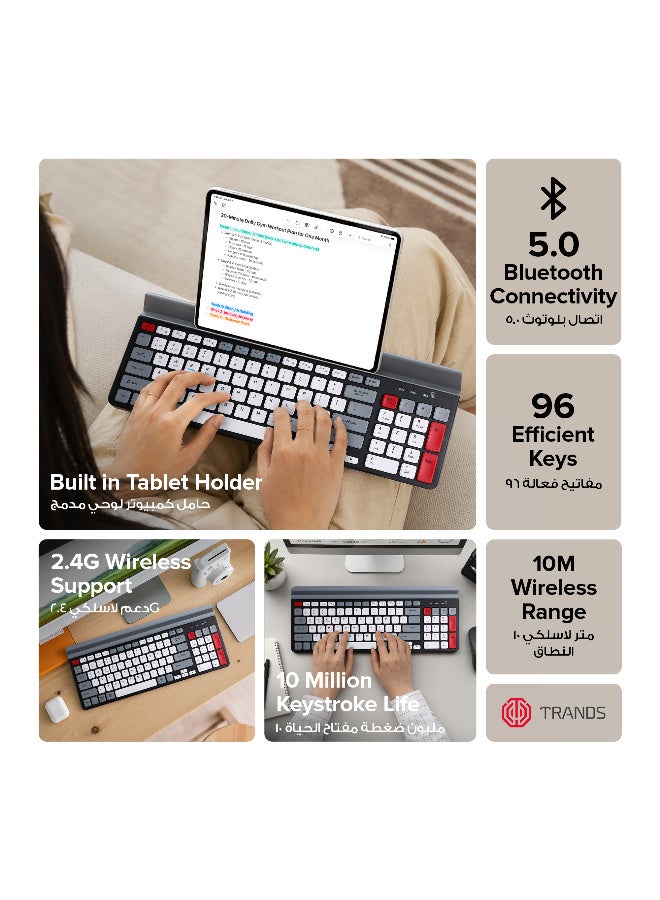 Trands Dual-Mode Wireless & Bluetooth 5.0 Keyboard with Built-In Tablet Holder - 96 Keys, 2.4G Receiver, 10M Range, Grey - Image 2