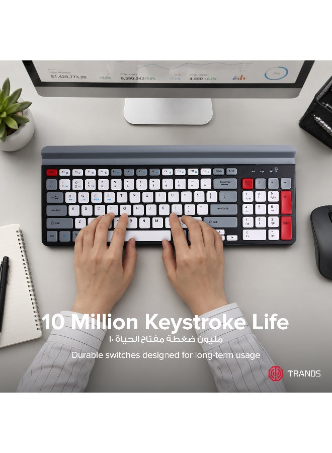 Trands Dual-Mode Wireless & Bluetooth 5.0 Keyboard with Built-In Tablet Holder - 96 Keys, 2.4G Receiver, 10M Range, Grey - Image 3
