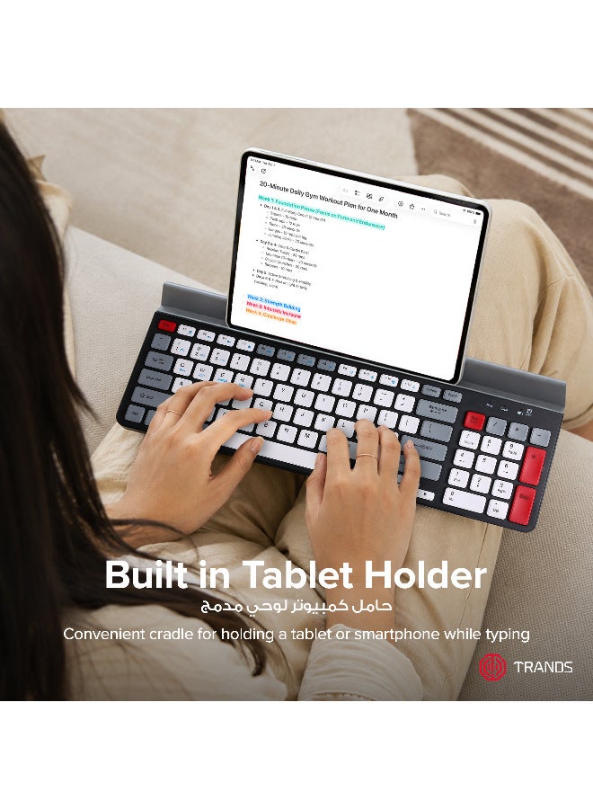 Trands Dual-Mode Wireless & Bluetooth 5.0 Keyboard with Built-In Tablet Holder - 96 Keys, 2.4G Receiver, 10M Range, Grey - Image 4