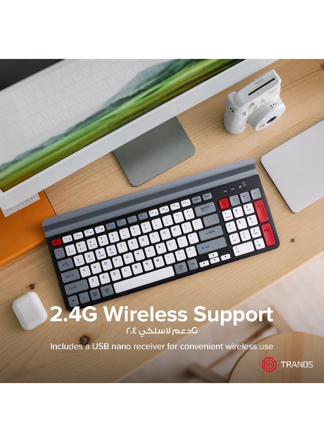 Trands Dual-Mode Wireless & Bluetooth 5.0 Keyboard with Built-In Tablet Holder - 96 Keys, 2.4G Receiver, 10M Range, Grey - Image 5