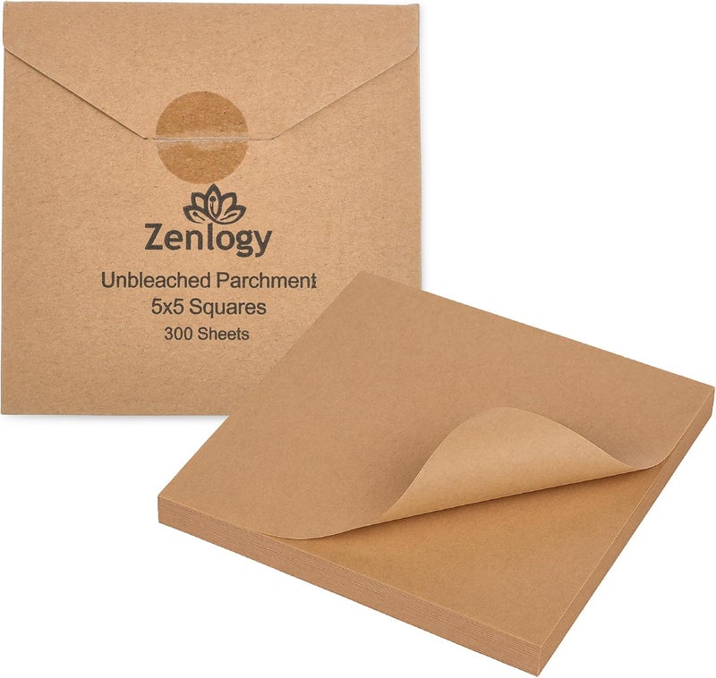 Zenlogy 5x5 Small Parchment Squares (300 sheets) - Unbleached, Non-stick, Pre-cut Parchment Paper- Ideal for Candy Wrappers, Liner Paper, Freezing and Storing, Separating, and Diamond Painting - Image 1