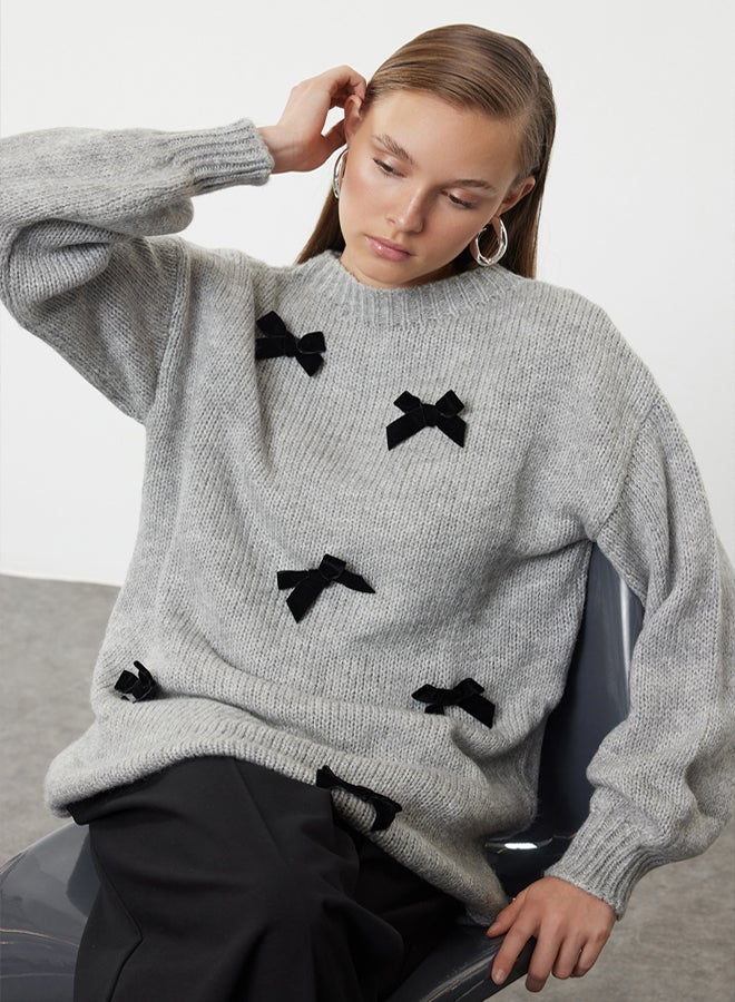 trendyol Knitwear Sweater - Gray Bow Detail - Image 1