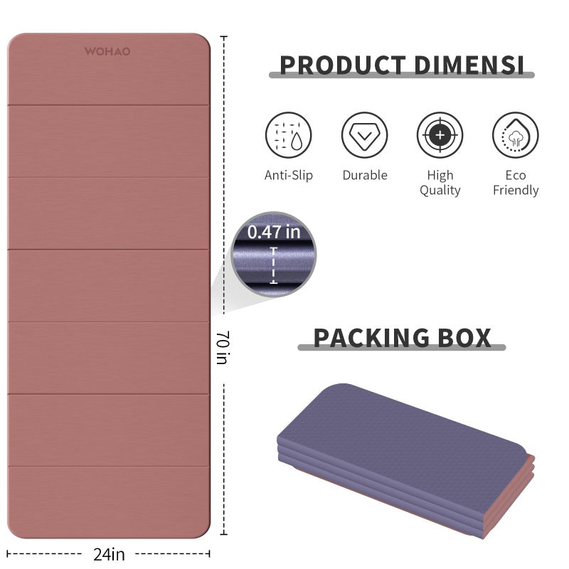 WOHAO Foldable Yoga Mat 70"x24" - Thickened TPE Non-Slip Exercise Mat for Home, Gym & Travel, Lightweight & Easy to Carry, Supports Pilates, Hot Yoga & Floor Workouts (Pink + Navy) - Image 3