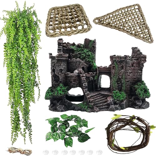 MUYG Tank Accessories for Bearded Dragon Include Resin Classical Castle Reptile Hammocks Climb Habitat Hanging Jungle Vines Flexible Leaves Climbing Decor for Chameleon Lizard Gecko Spider6 PCS - Image 1