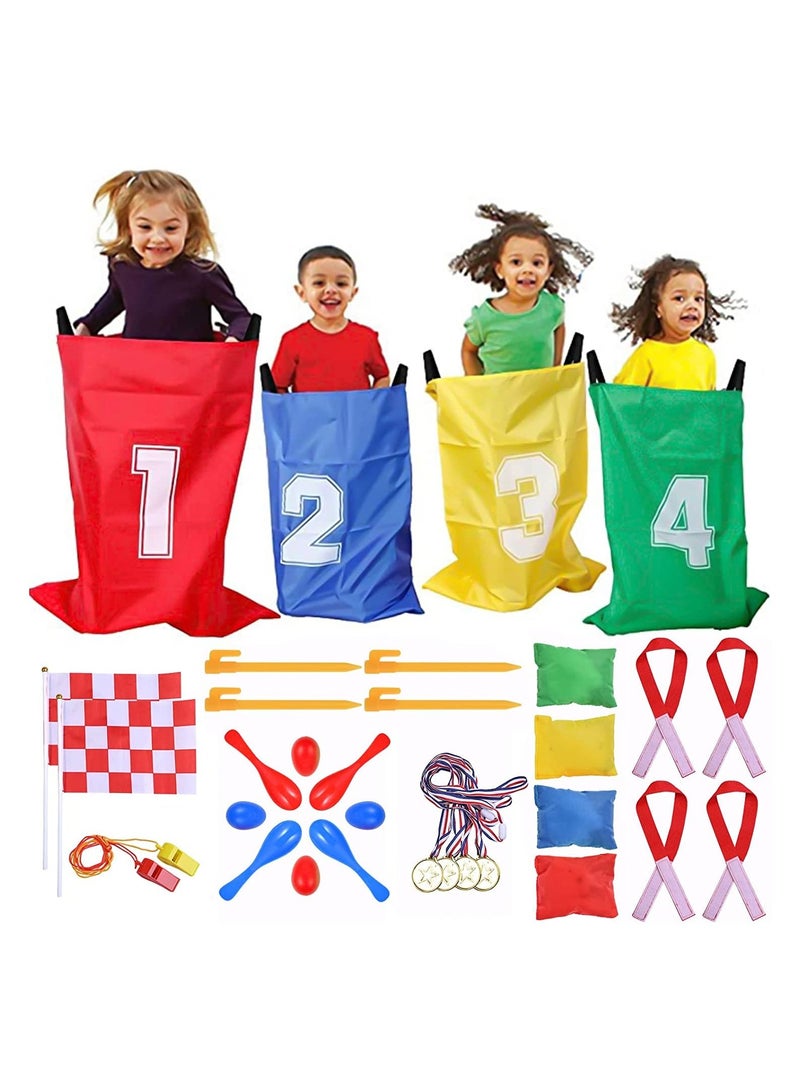 SYOSI 32 Pcs Sports Day Kit Sack Race Set Bean Bag Toss Fun Outdoor Garden Family Game for Adults And Kids Includes 4 Coloured Sack 4 Eggs 4 Spoons 4 Bean Bags 2 Whistles and other - Image 1