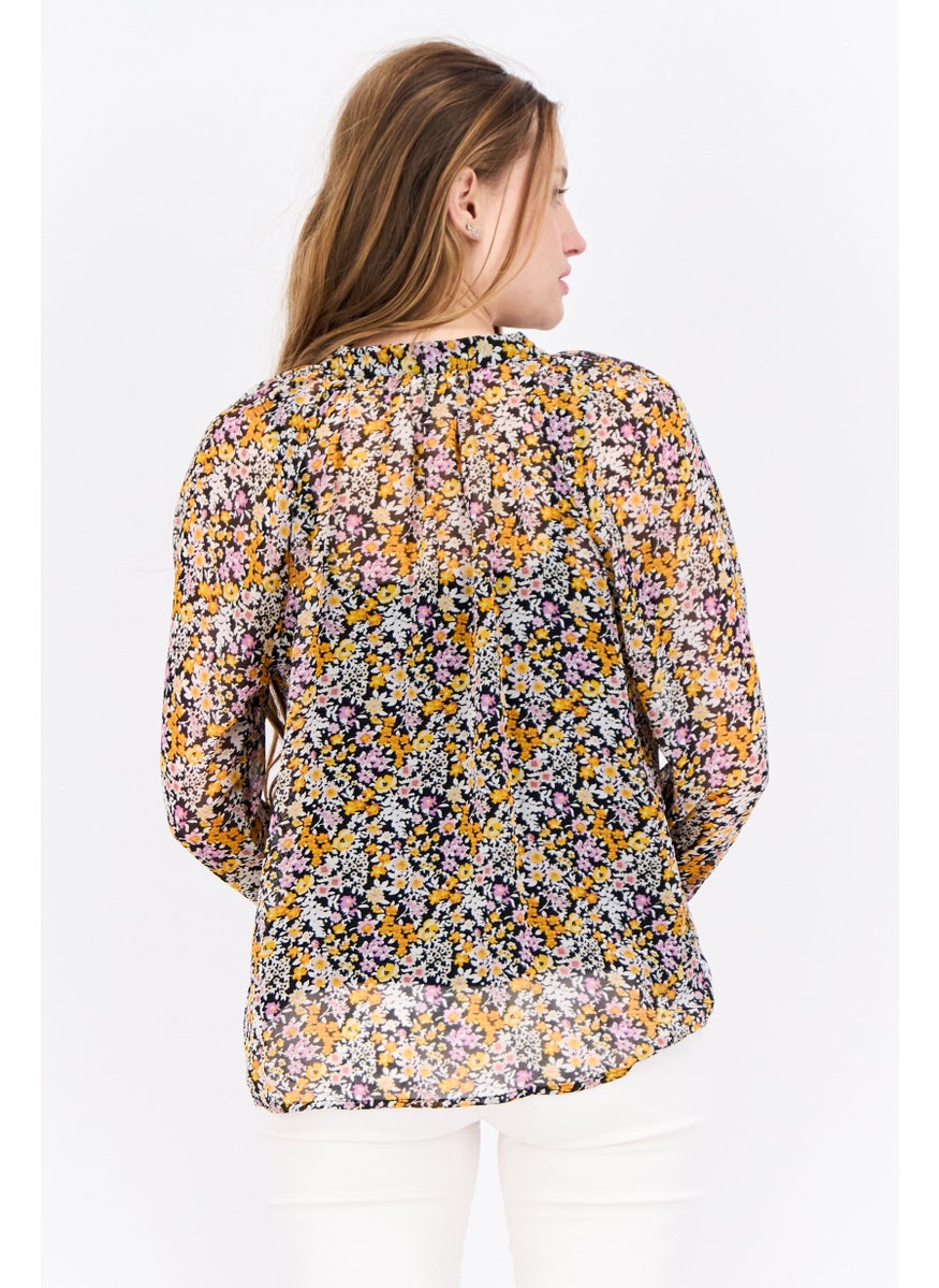 Fire & Glory - Women Tied Neck Long Sleeves Floral Print Blouse, Black - Image 1