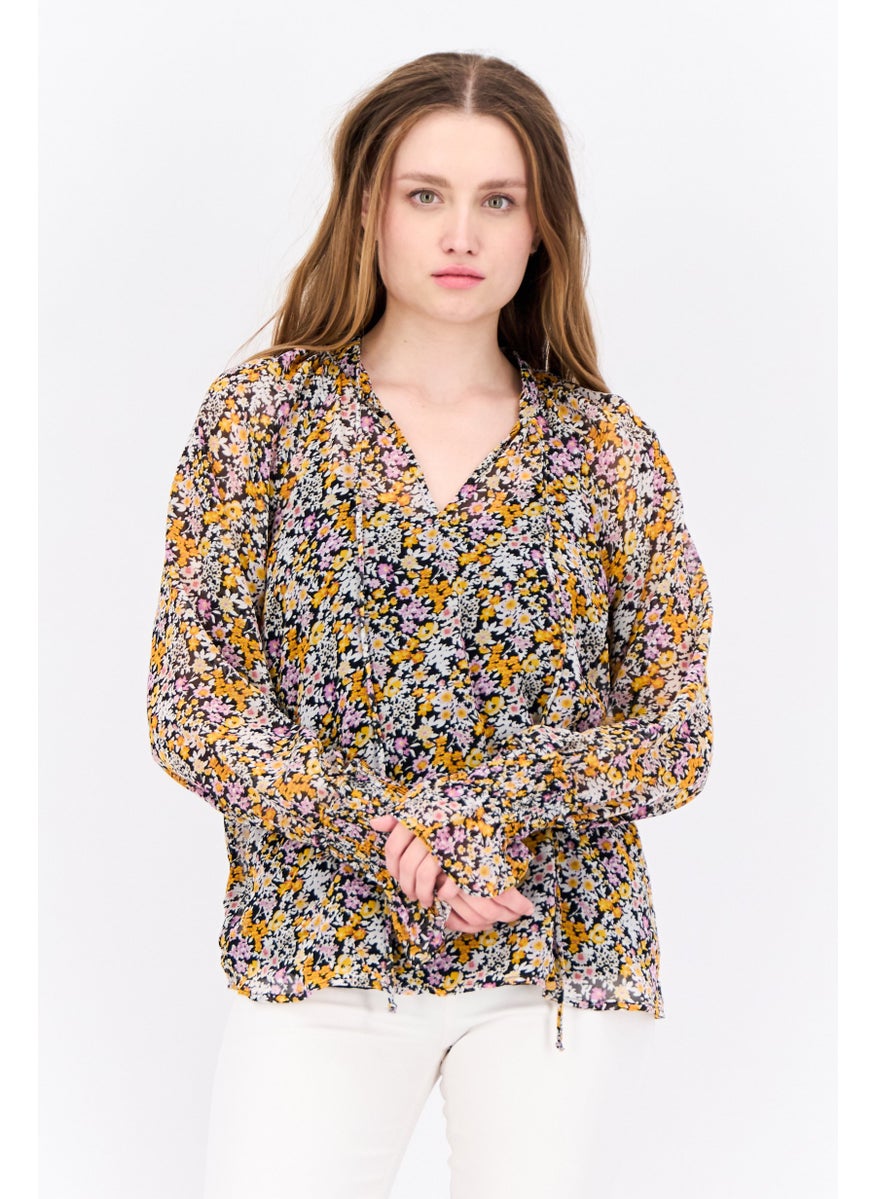 Fire & Glory - Women Tied Neck Long Sleeves Floral Print Blouse, Black - Image 1