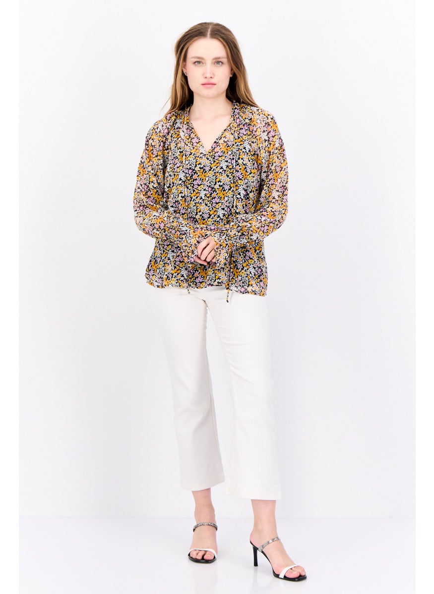Fire & Glory - Women Tied Neck Long Sleeves Floral Print Blouse, Black - Image 1