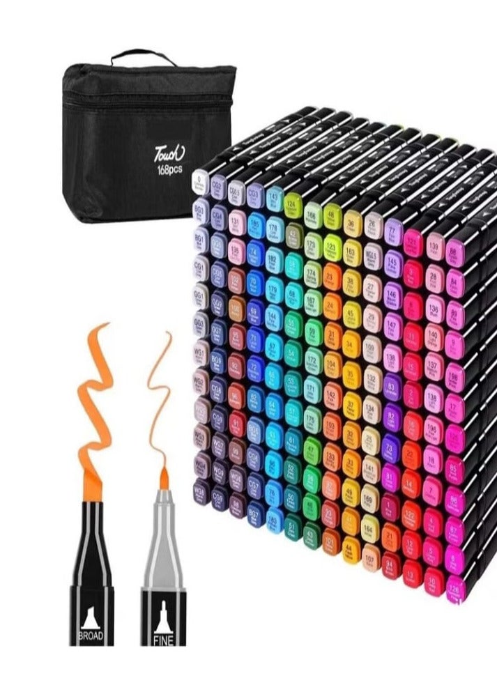 مجموعة أقلام تحديد كحولية ثنائية الأطراف، 168 لونًا - أقلام تحديد دائمة سريعة الجفاف