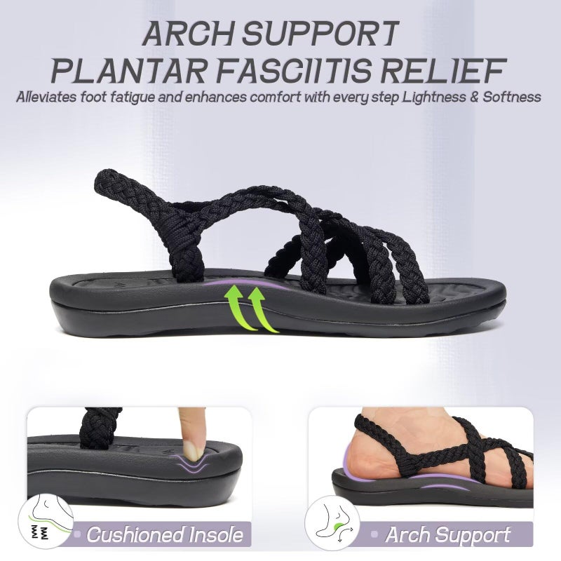 MEGNYA Ladies Comfortable Sandals with Arch Support, Lightweight Hiking Shoes with Braided Backstraps, Classic Adjustable Open toe Slide Sandals for Walking Black Size 8.5 - Image 4