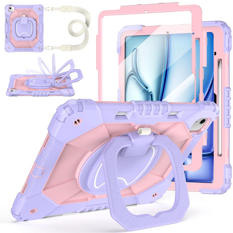 Auorld Case for iPad Air 13 Inch Case M3 2025/ M2 2024, Auorld for iPad Air 13 Inch Case M3 2025 Case with Screen Protector, 360 Degree Rotating Stand Shoulder Strap Pencil Holder, Purple Pink - Image 1