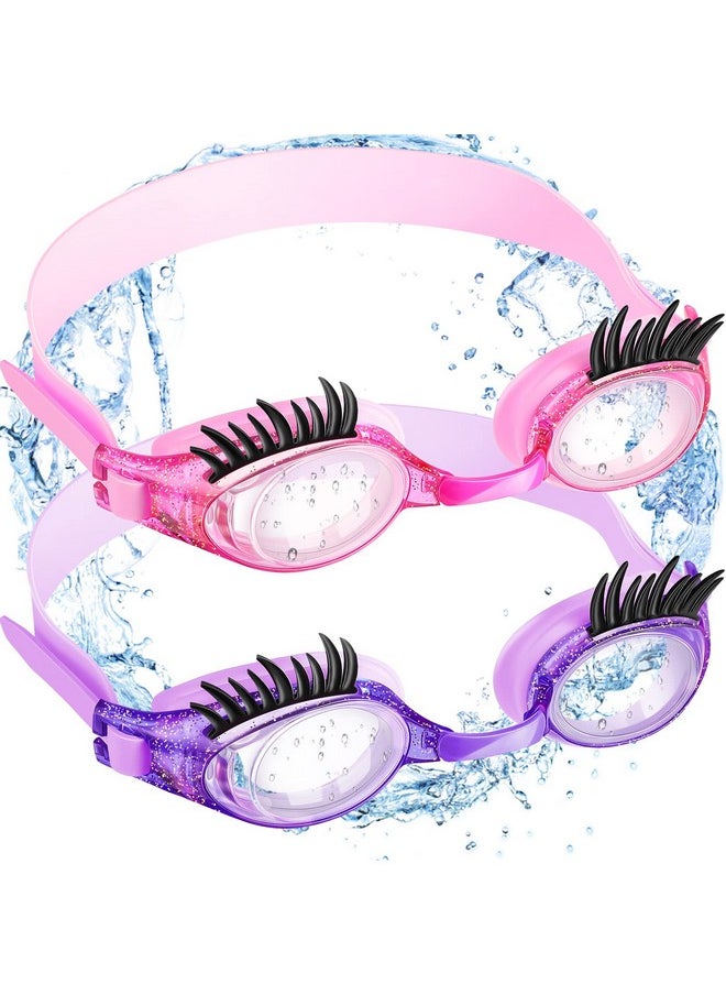 Konohan - 2 Pieces Kids Swim Goggles Eyelashes Swim Goggle No Slip Leak Girl Goggles Anti Fog Uv Goggles For Lash Extensions (Purple Dark Pink) - Image 1