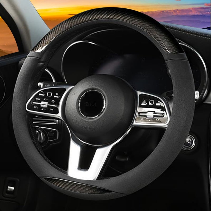 ZHOL Carbon Fiber Suede Steering Wheel Cover Universal 15 Inch Car Interior Accessories Comfortable AntiSlip and Odorless Car Steering Wheel Cover Protector for Women and Men Gray