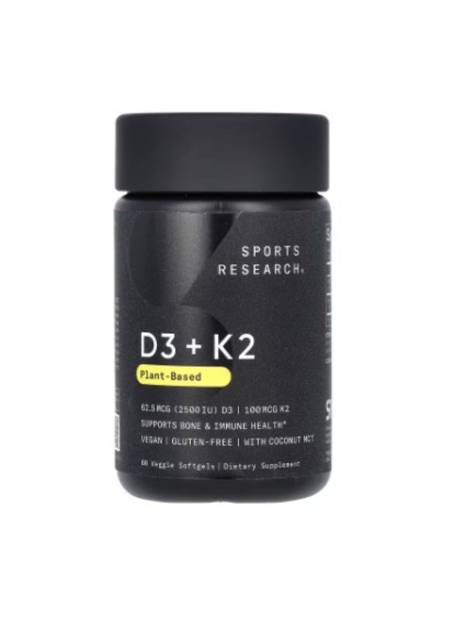Sports Research, D3 + K2, Plant-Based, 62.5 mcg/100 mcg, 60 Veggie Softgels