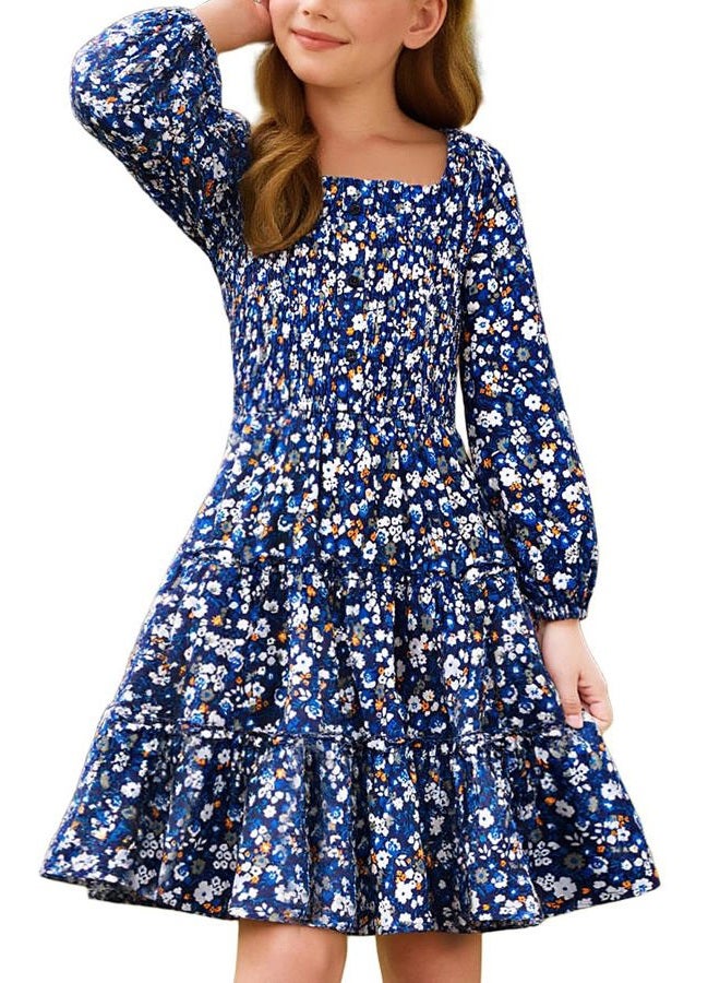 GRACE KARIN Girls Fall Long Sleeve Floral Square Neck Smock Tiered Casual Holiday Teen Dress Size 5-14, Blue Orange Floral, 8-10 Years - Image 1