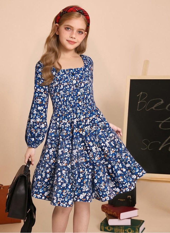 GRACE KARIN Girls Fall Long Sleeve Floral Square Neck Smock Tiered Casual Holiday Teen Dress Size 5-14, Blue Orange Floral, 8-10 Years - Image 4